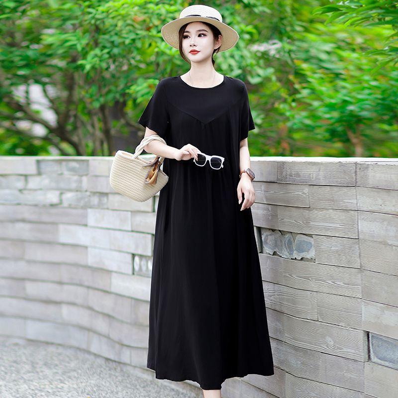 Summer Women's Plus Size Dress Loose Round Neck Floral Dress Soft Skin-friendly Breathable Long Dress