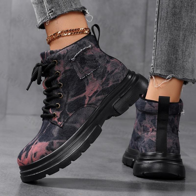 Autumn Thick Sole Denim Retro Fashion Design Casual Short Boots for Women Breathable Comfortable Lace Up Chunky Ankle Boots