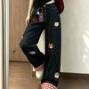 Jeans de pierna ancha bordados para mujer otoño, nuevo diseño holgado, empalme a cuadros, pantalones largos