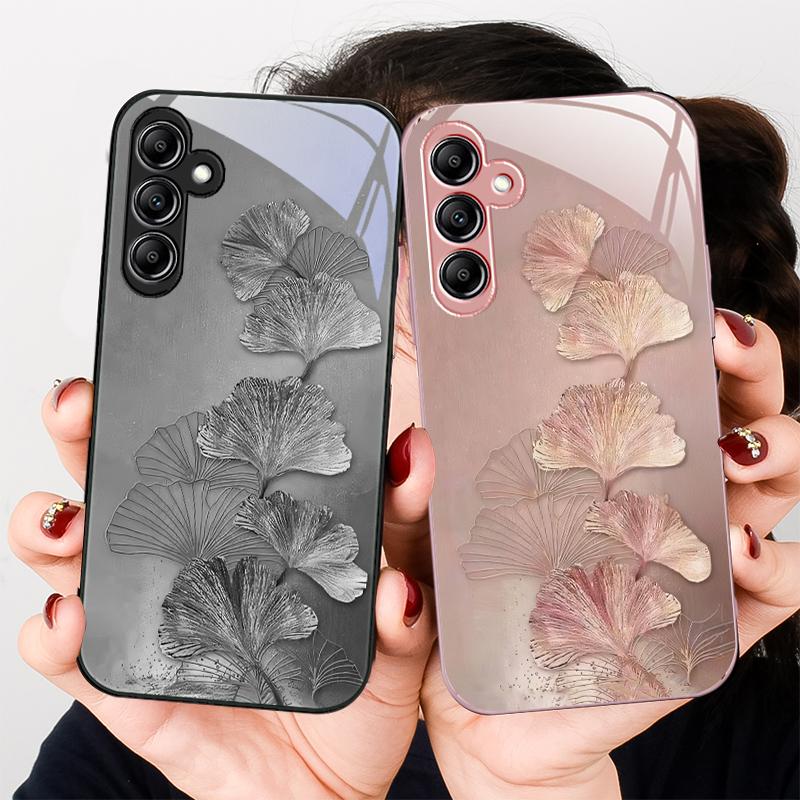 Goldene Ginkgo-Blätter für Samsung Galaxy A01 A02 A03 Core A04 A14 4G A13 54 34 31 20 25 23 22 5G S21 Ultra S20 Glas-Handyhülle