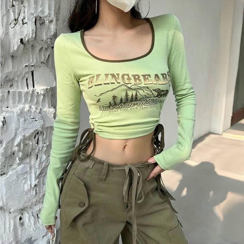2KWEIRD Print Long Sleeve Tshirts Women Long Sleeve Tunic Summer Tees Crop Tops Bandage Fashion Sexy Y2k T Shirts