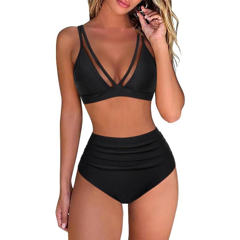 New High-waisted Bikini, Mesh Stitching Sexy European and American Backless Pleated Swimsuit S чёрный