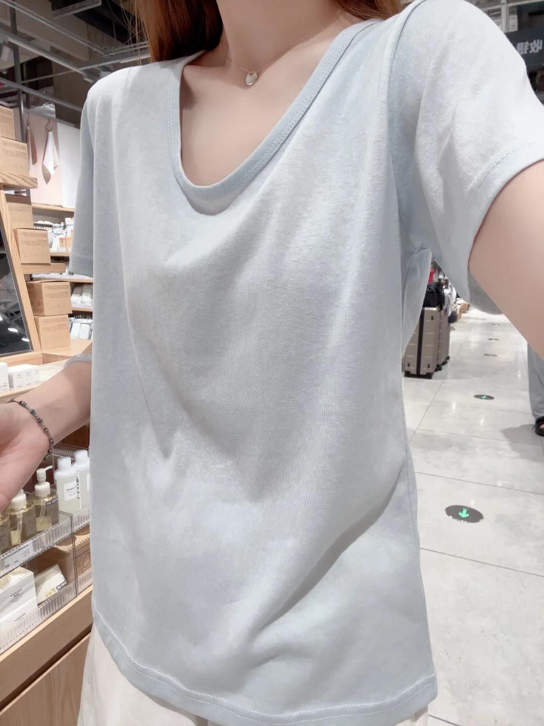 Snowflake cotton breathable U-neck short-sleeved T-shirt women s summer casual thin loose and thin bottoming shirt cool inner top S