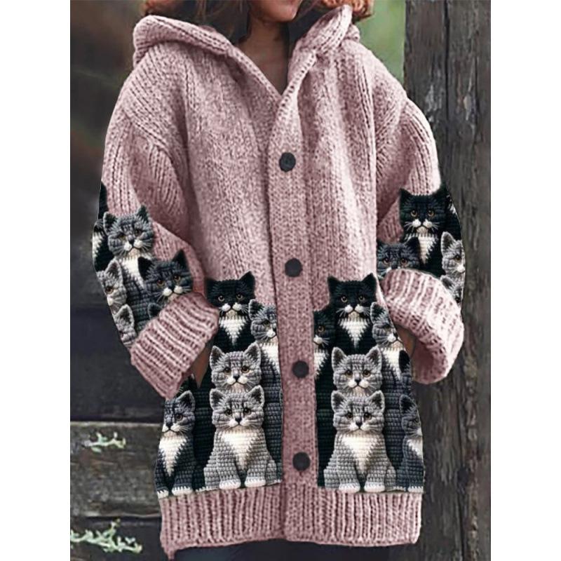 Damen Strickjacke mit Kapuze 3D Tierdruck Einreiher Langarm Mantel mit Taschen
