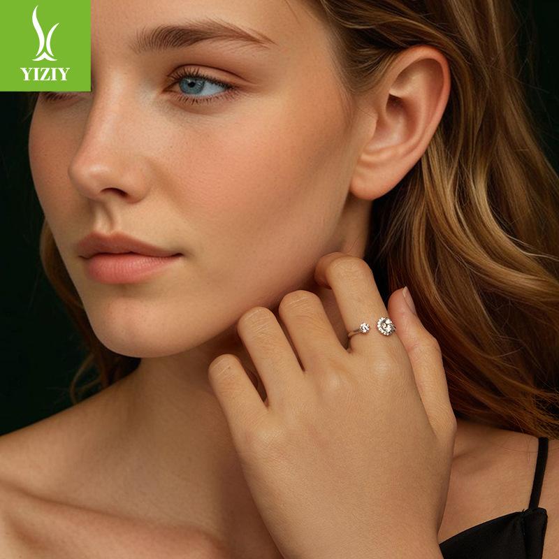 Shining Mozzarella Diamond Ring, Simple Classic Temperament 925 Sterling Silver Platinum Plated Open Ring Ring
