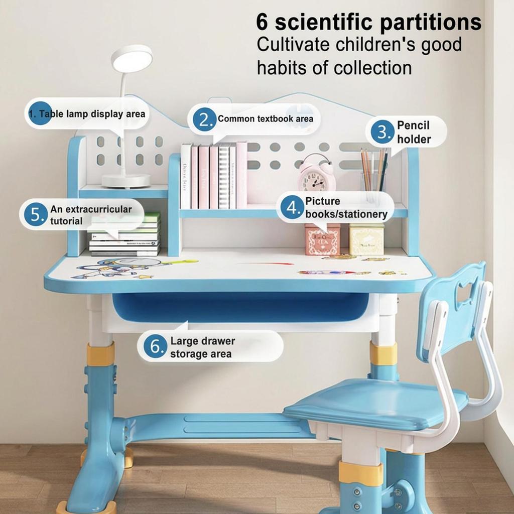 Kids Study Desk Chair Set Widened Desktop Multi Separation Cartoon Pattern Learning Adjustable Height Table with Drawer Furniture