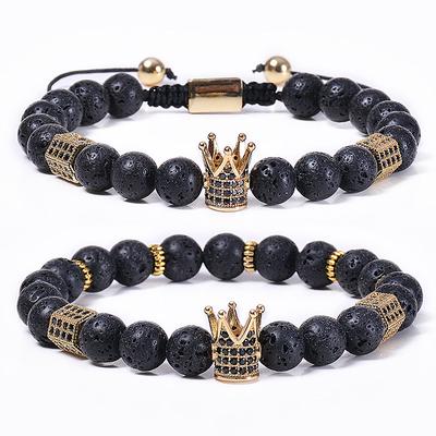 Black Lava Volcanic Stone Crown Bracelet, Natural Stone Micro Inlaid Zircon Woven Bracelet, Adjustable, Christmas Gift, Valentine's Day Gift