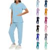 Nursing Scrub Set Women Quick Dry Fabric V Neck Short Sleeve Top with Pockets and Elastic Waist Long Pants Medical Uniform Workwear Set
