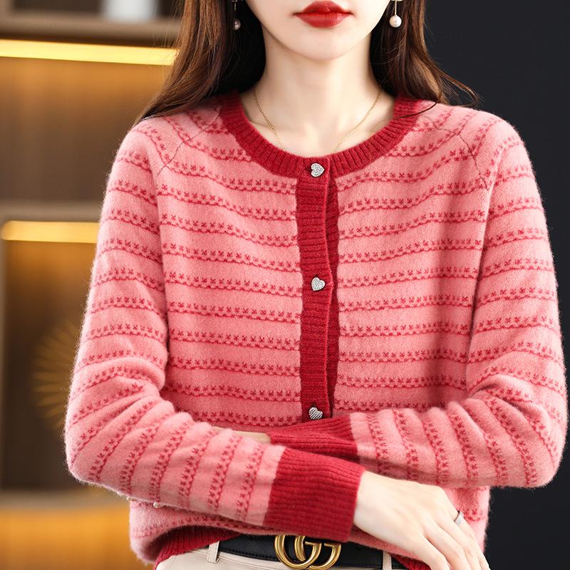 Women's Pure Wool Striped Cardigan – Long Sleeve, Round Neck, Loose Knit Sweater for Autumn/Winter.