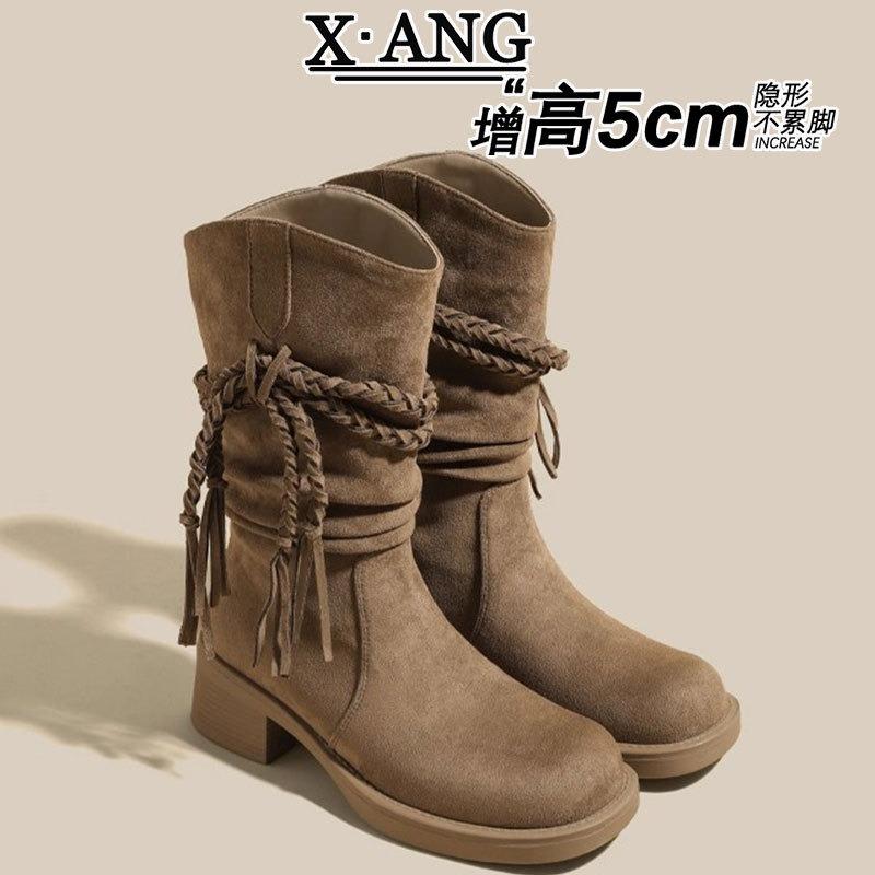 Wasteland Cowhide Edition Coarse Heel Knight Boots Women's Boots But Knee Western Cowboy Boots Tassel Pile Boots Martin Boots