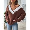 Women’s Pearl-Embellished Top: Colour-Blocked, Wide V-Neck, Loose-Fitting Knitted Pullover