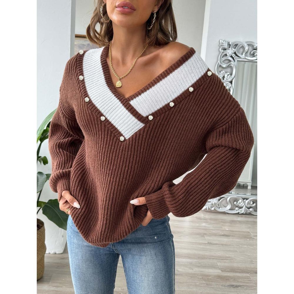 Women’s Pearl-Embellished Top: Colour-Blocked, Wide V-Neck, Loose-Fitting Knitted Pullover