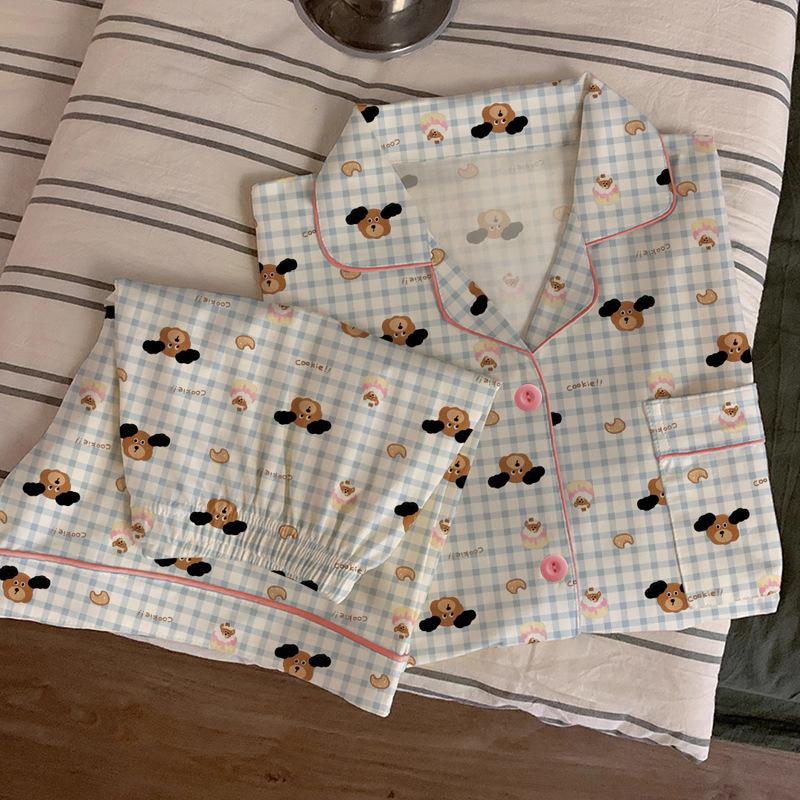 Cute Cute Puppy Pajamas Women'S Summer Thin Plaid Cartoon Loose Loungewear Short-Sleeved Suit