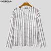 INCERUN Men Long Sleeve Striped Crochet Hollow Semi-Sheer Texture Tops T-shirts
