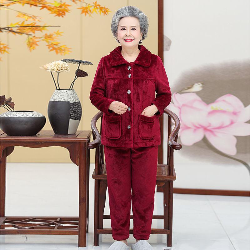

Plus-size Fleece-lined Flannel Pajamas for Middle-aged and Elderly Women: Cozy Autumn/Winter Home Wear XL [Recommended 80-100 jin]