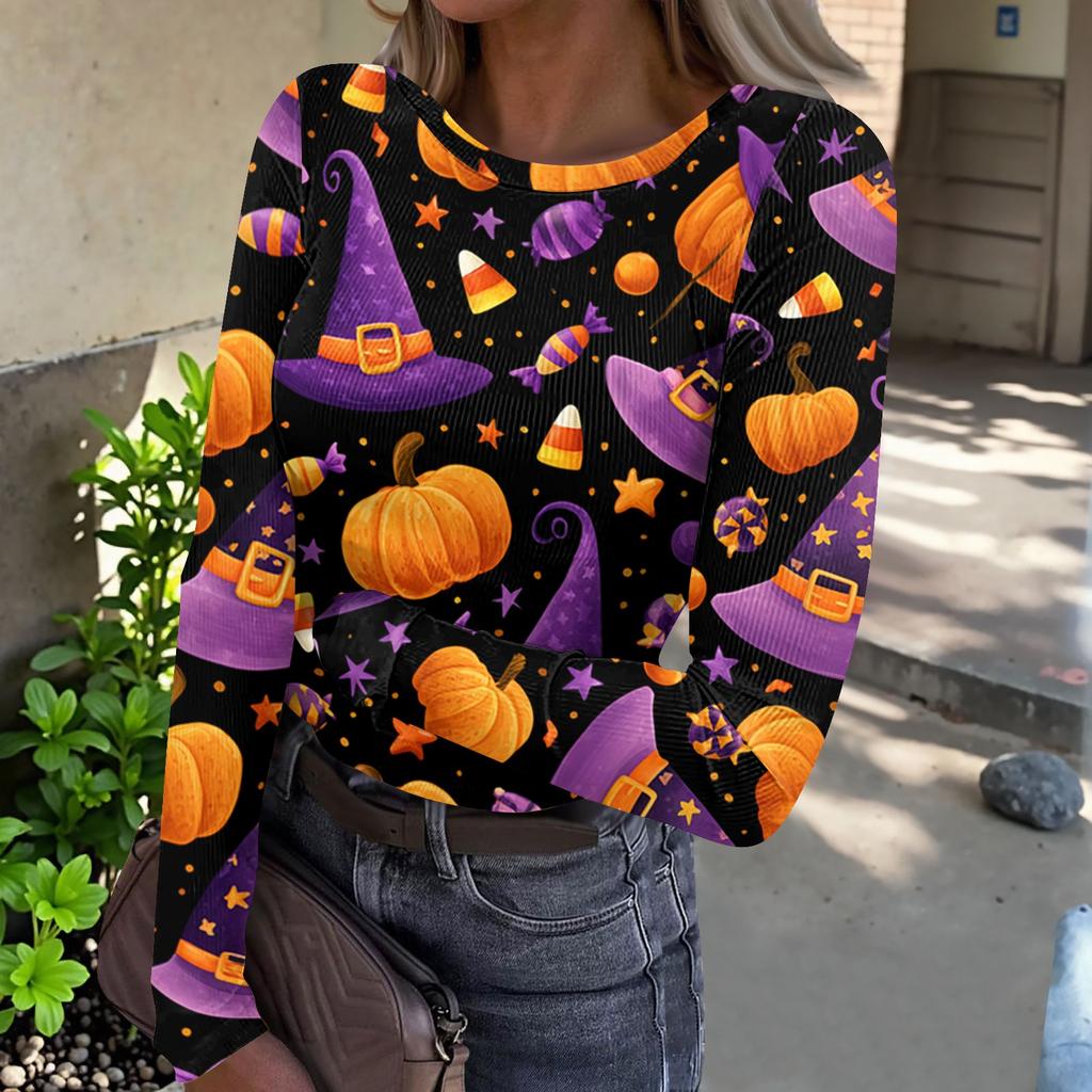 Women Casual Long Sleeve Ribbed Top Halloween Pumpkin Print Round Neck Slim Fit Stretchy Shirt