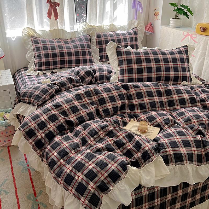 Princess Style Crinkled Gauze Lace Bedding Set - 4-Piece Washable Cotton Plaid Double Duvet Cover for All Seasons