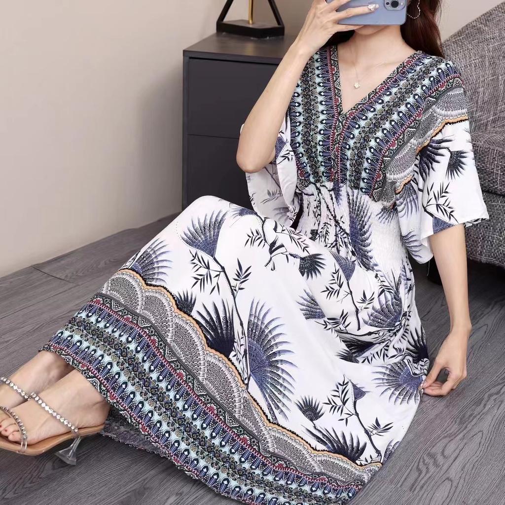 Ethnic Style V-neck Cotton and Silk Short-sleeved Beach Dress Thailand Travel Dress Summer Print Vacation Floral Skirt