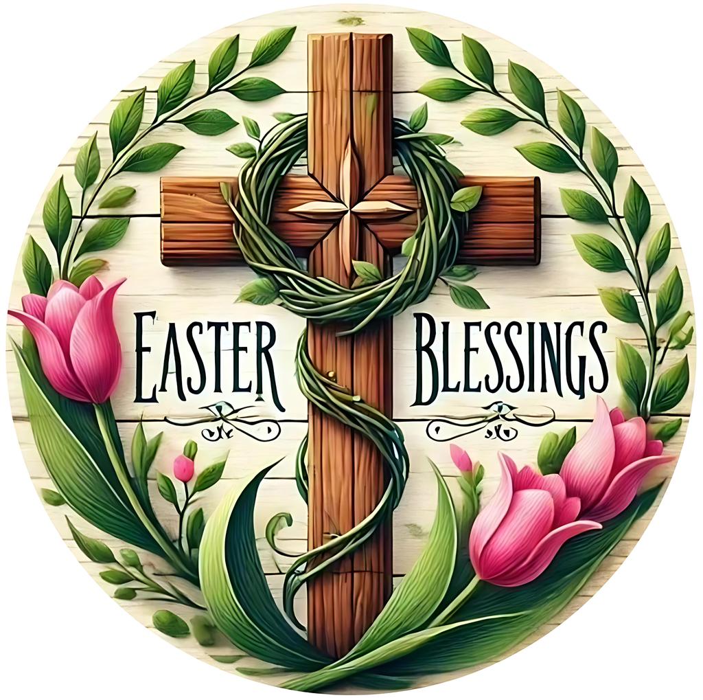 Easter Blessings Cross Tulips Metal Tin Sign Round Christian Religious Art for Church Home Decor