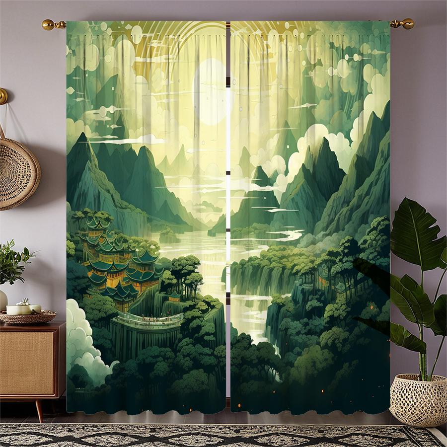 2 Pcs Landscape painting print curtains,suitable for bedroom,living room kitchen decoration,home decoration,window decoration