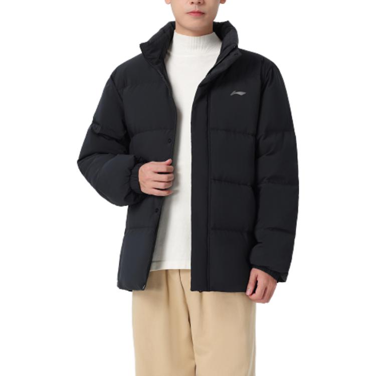 Li Ning Hot Pot Down Jacket Series Solid Color Stand Collar Water Resistant Short Down Jacket Men Jacket Black AYMT105-3