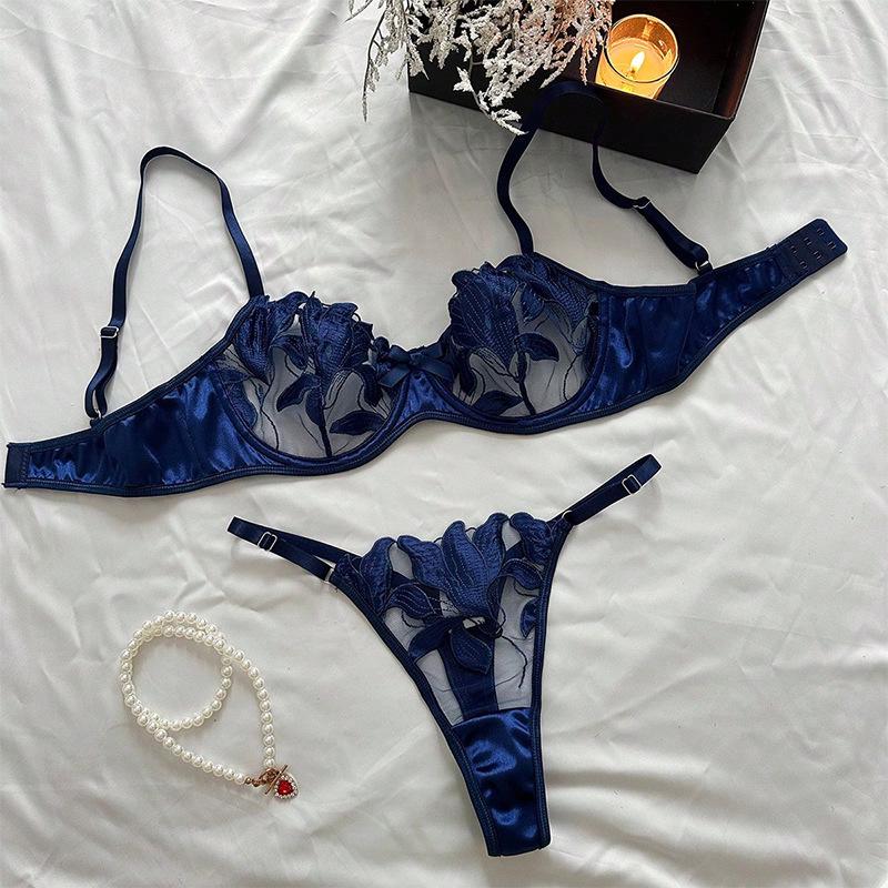 Sweet Lace Embroidered Mesh See-Through Lingerie Set