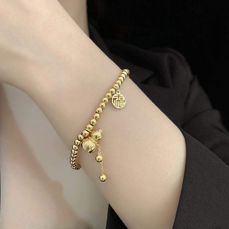 Minimalist Titanium Steel Fu Character Bead Bracelet - Non-Fading, Elastic, Retractable