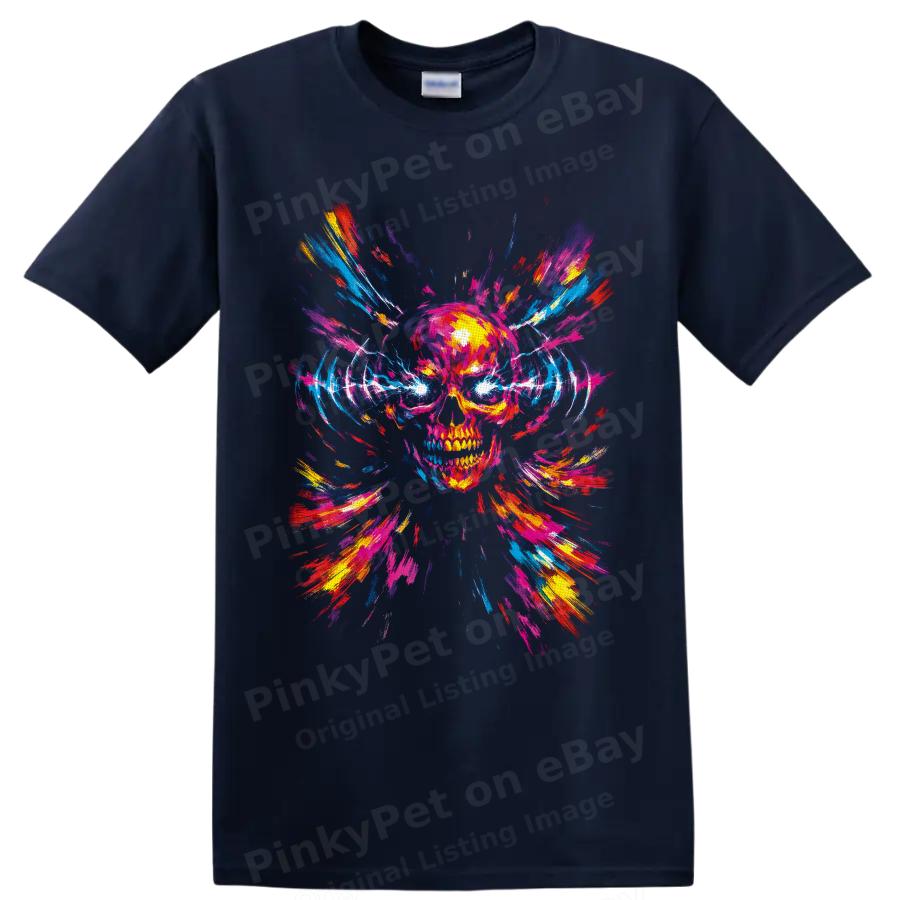 Neon Skull T Shirt W/ Color Splash Abstract Punk Rock Graphic Tee Halloween Art