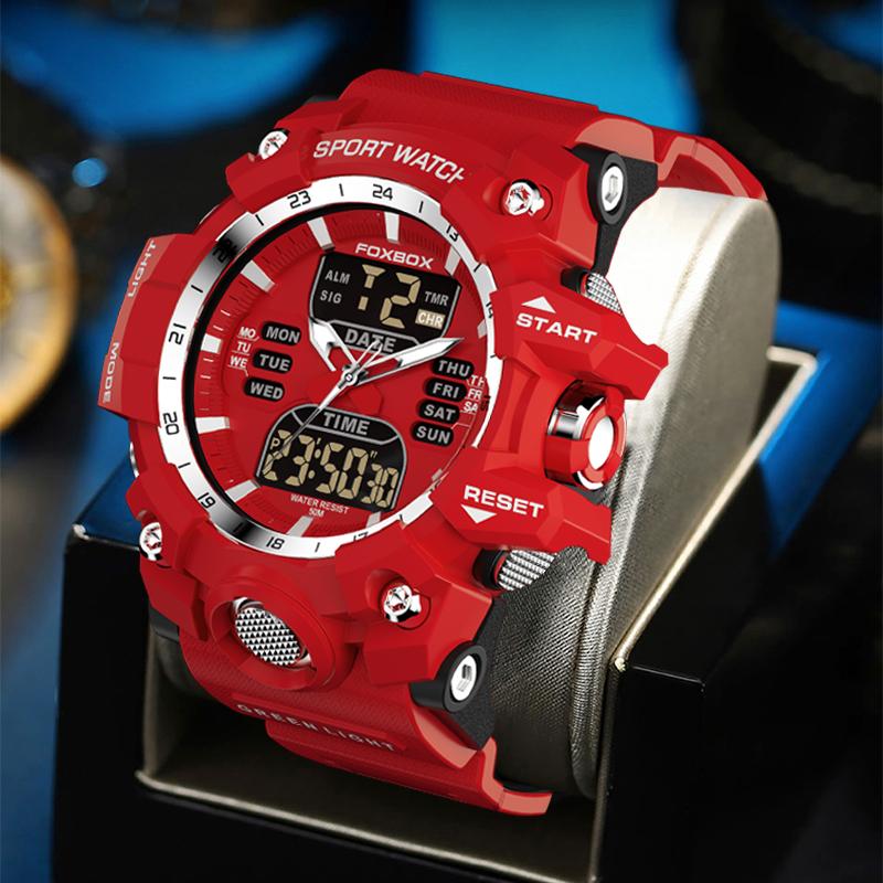 Dual Display Watch Men FOXBOX Top Brand Luxury Sport Digital Military Mens Watches Silicone Strap Chronograph Man Wristwatch+box