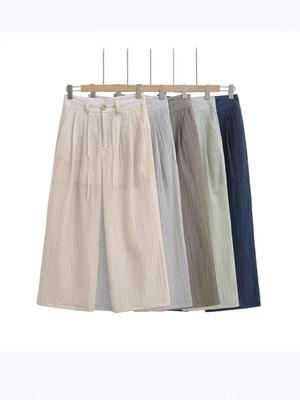 Damen Sommer Gestreifte Weite Hose mit Kordelzug: Locker, Schlank machend, Bodentiefe Passform