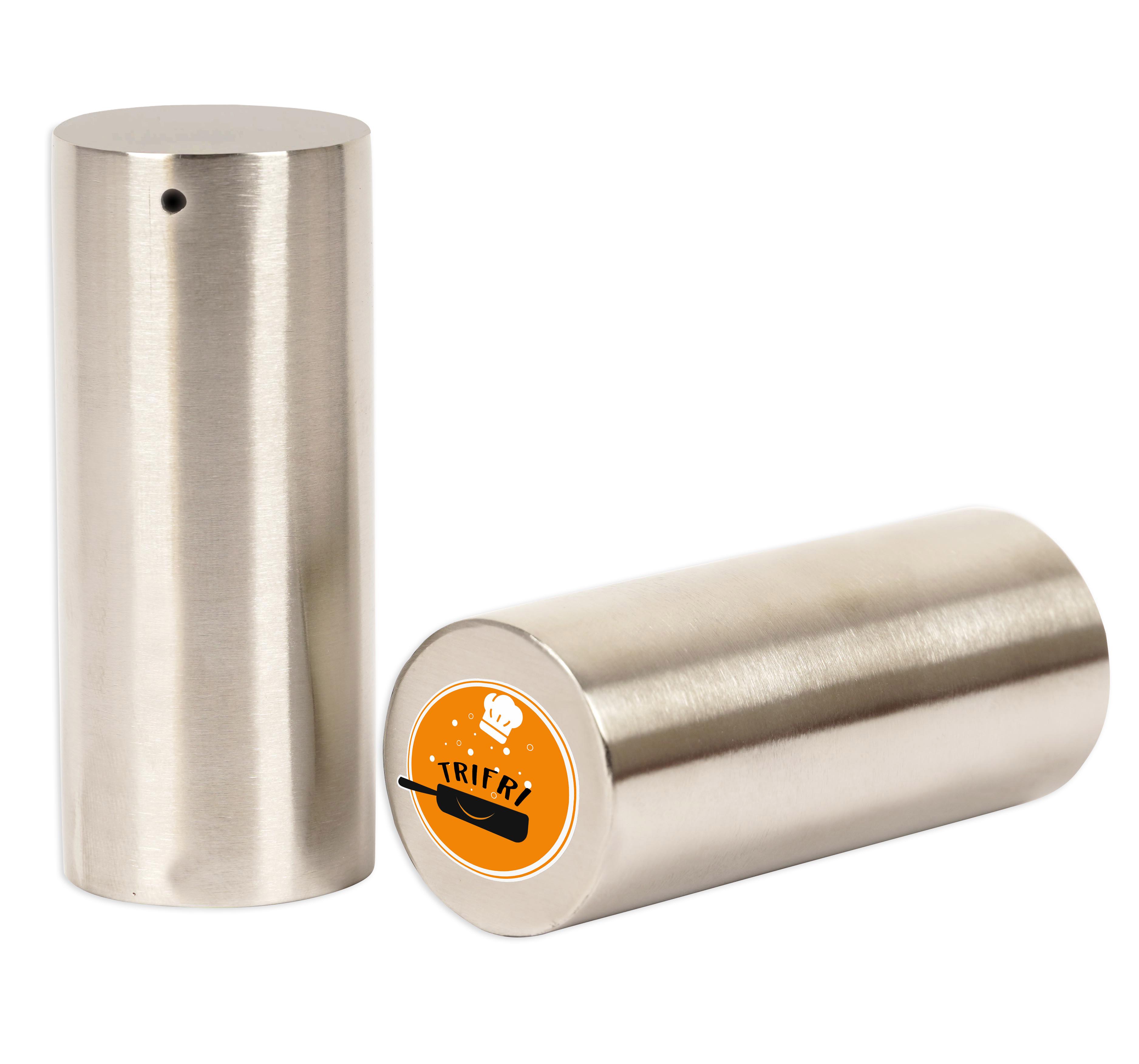 

Набір сільничок і перечників Trifri. Сучасна кухня. 2 предмети. Розбризкувач для спецій. Багаторазовий дозатор із нержавіючої сталі. 3” x 1.1” срібний