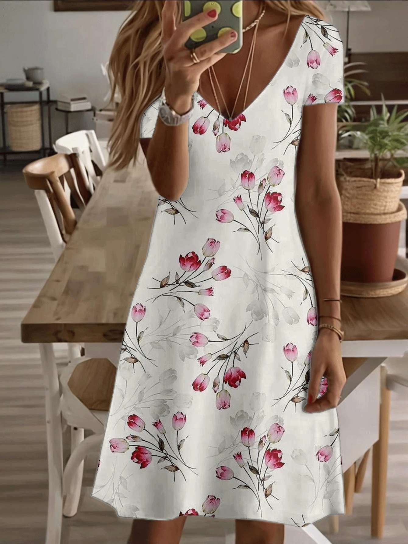 

Vneck shortsleeve midi dress tulip floral print pattern 3D premium printing durable fabric elegant summer wear casual fashion comfortable breathable s 2XL дубильна кора