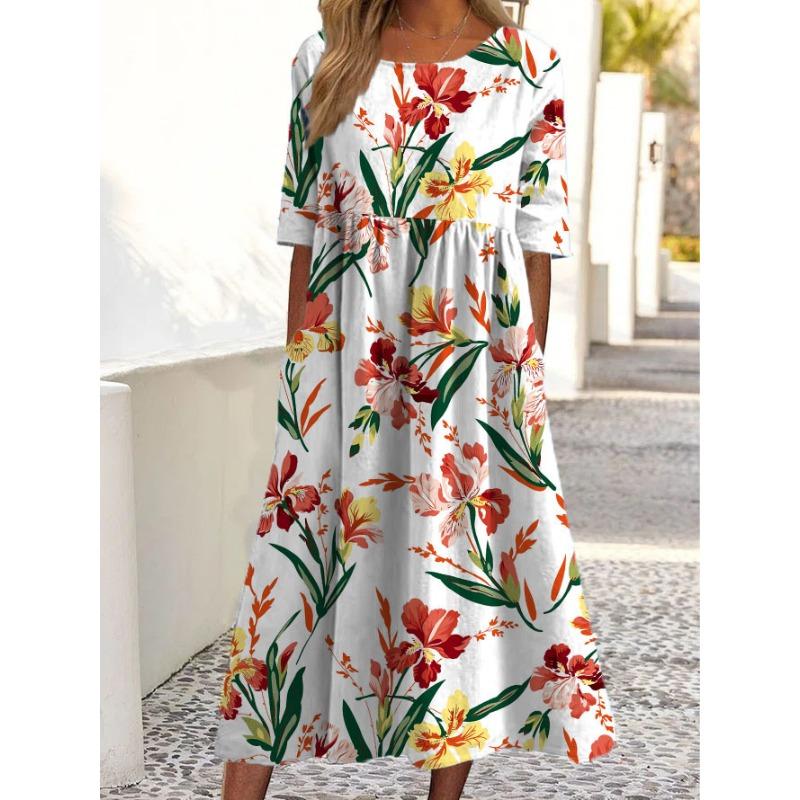 Casual O Neck Pockets Printed Loose Dresses for Women Plus Size Summer New Short Sleeve Women's Dress Fashion Elegant Vintage Floral Long Dress 3364