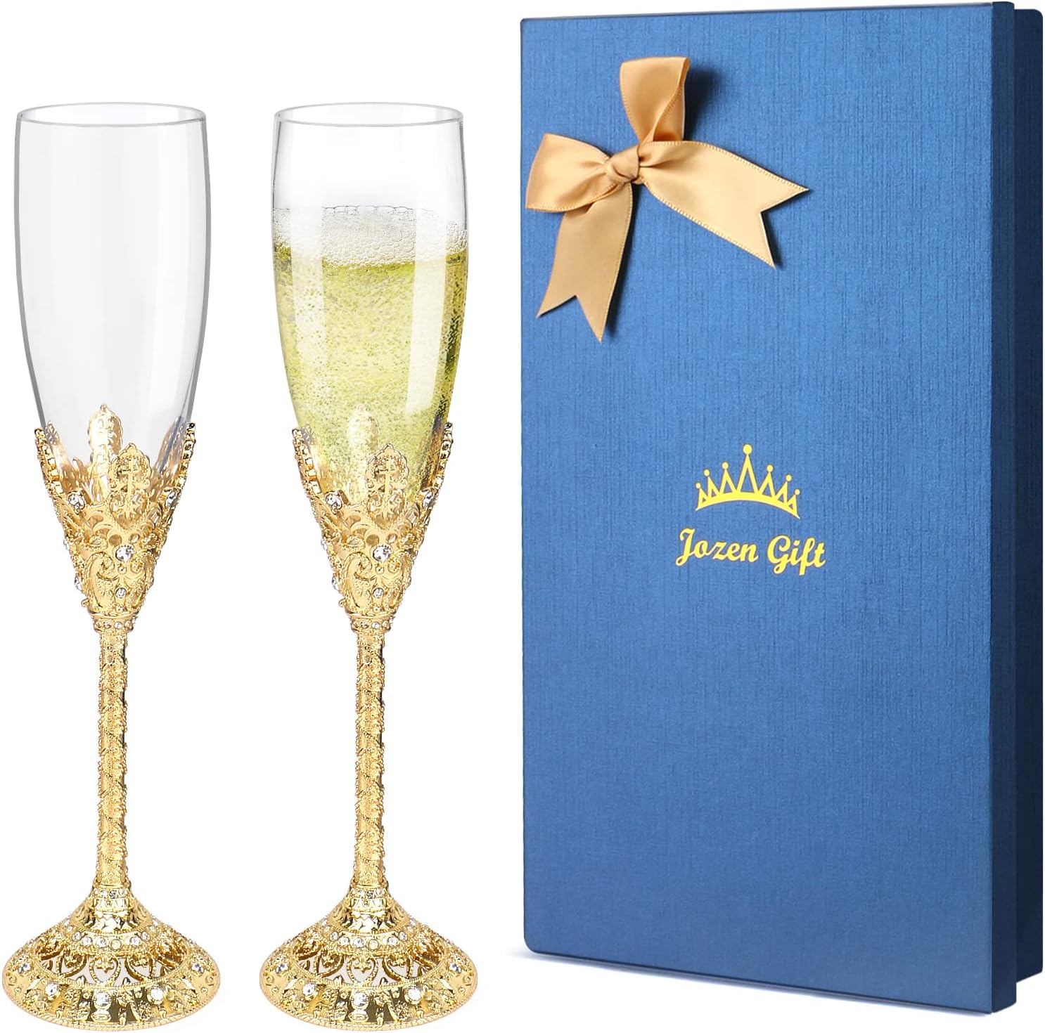 

Champagne Flutes Set of 2, Crystal Toasting Glasses with Metal Base, 6 oz, Silver - Wedding Gift золотий