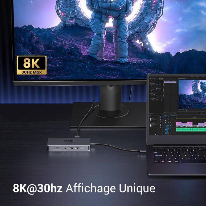 Station d'accueil USB C - UGREEN - 15965 - 11 en 1 - 2 ports HDMI 8K/4K - 100W PD - RJ45 Gigabit