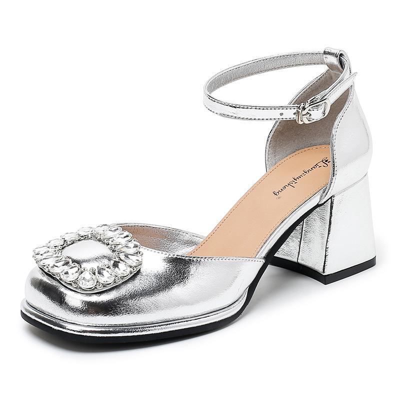 Baotou sandals women's silver square buckle hollow word with thick heel high heel rhinestone single shoes high heels