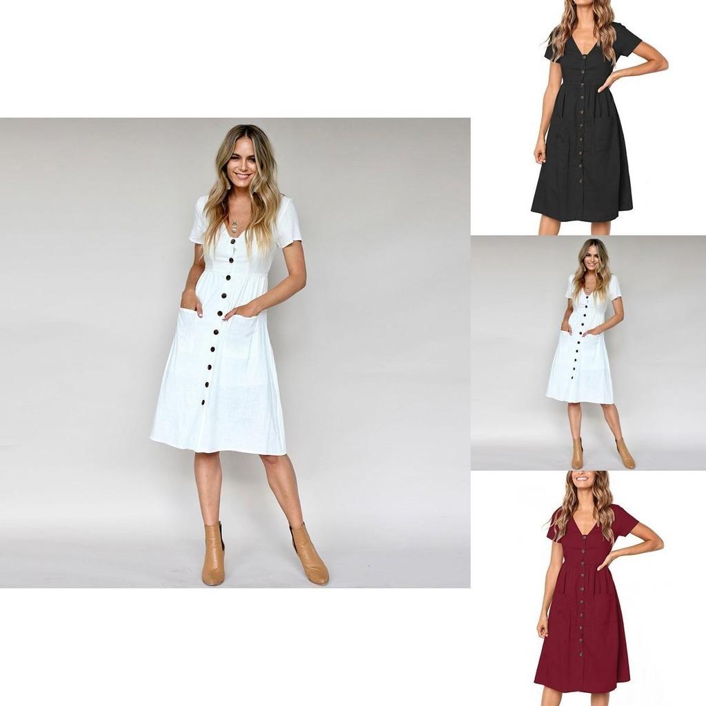 Nrj 2020 Hot Sale V-neck Button-up Short Sleeve Women's Dress With Pockets