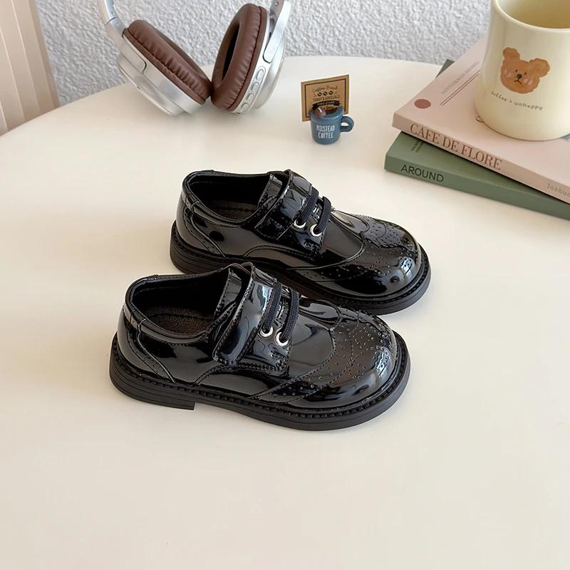 Kids Leather Shoes Black Glossy Girls School Uniform Shoes Retro Hook&loop New Boys Flat Shoes British Style Soft Sole