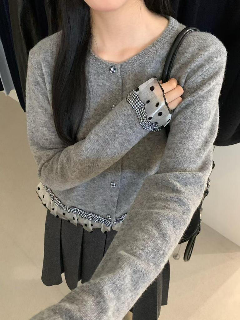 Korean Style Sweet Autumn/Winter 2025 Lace Polka Dot Knit Cardigan Women