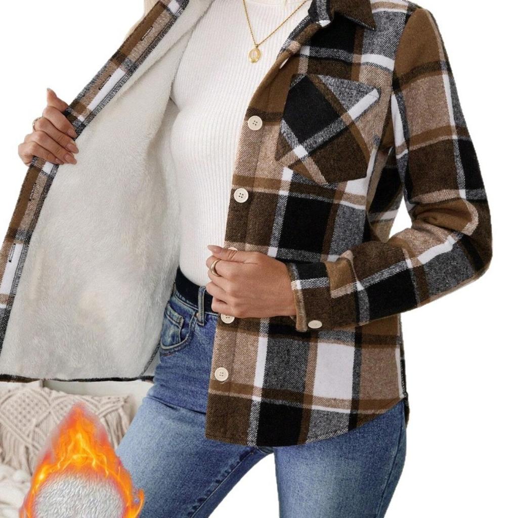 Ladies', Plush, Warm Shirt, Button Up, Lapel, Pocket, Plaid Top, Casual Shirt
