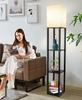 Modern LED Shelf Floor Lamp with 3 Colors Bulb White Linen Shade Wooden Shelves Living Room Bedroom Decoration Stand Lighting