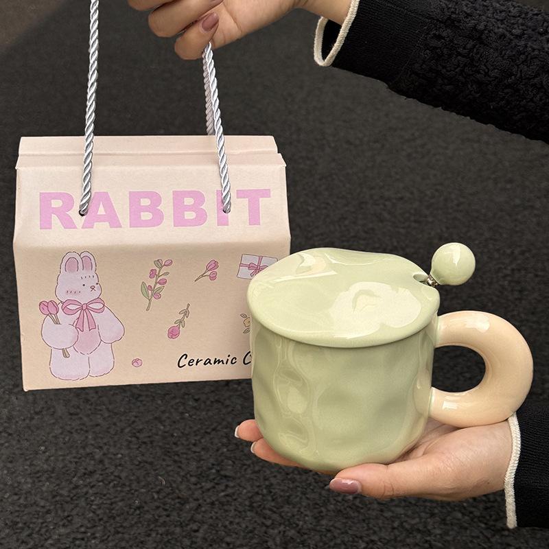 Fufu Contrasting Color Mug with Lid Spoon Birthday Gift for Girls Best Friend Practical Water Cup Ceramic Souvenir