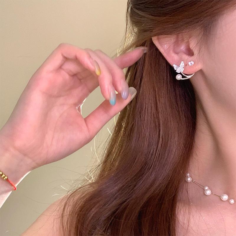 Silver needle zircon pearl butterfly earrings niche temperament versatile stud earrings fashion light luxury high sense earrings women