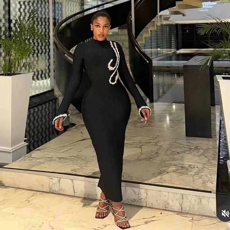 Autumn and winter turtleneck rhinestone long-sleeved bandage dress fashion tight party dress
