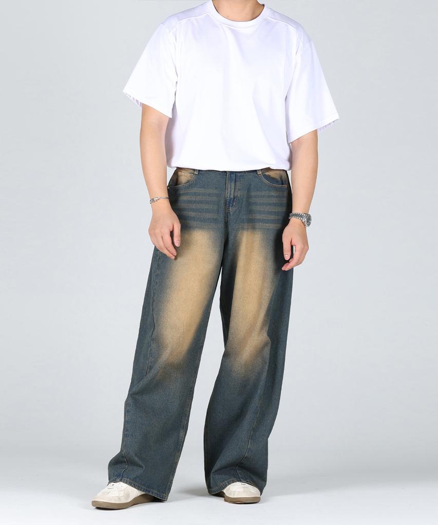 Hueo Cut Side Pintuck Vintage Washed Wide Denim Pants_Tin Washed