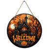 Spooky haunted house welcome sign Round Wooden Hanging Plaque home wall decor vintage pumpkin art ornament for holiday party entrance decoration