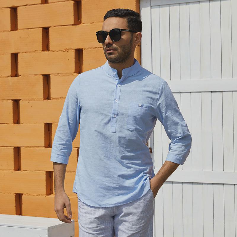 Europäisches & Amerikanisches Herren Leinen Herbst Freizeit Zweiteiler: Langarm-Oberteil & Hose