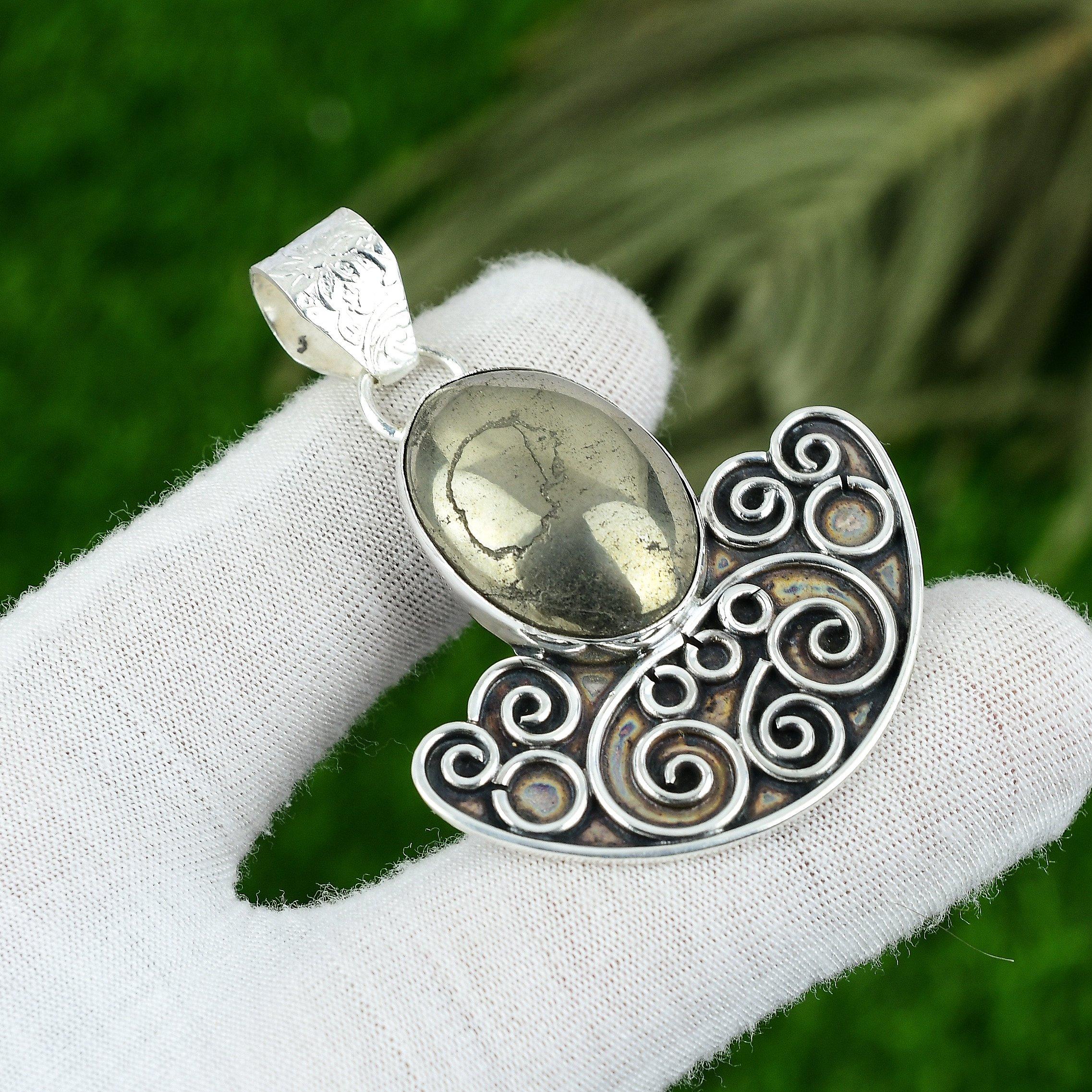 

Натуральный Пирит Подвеска из Драгоценного Камня Золото Ручная Работа 925 Стерлинговое Серебро Индийские Украшения