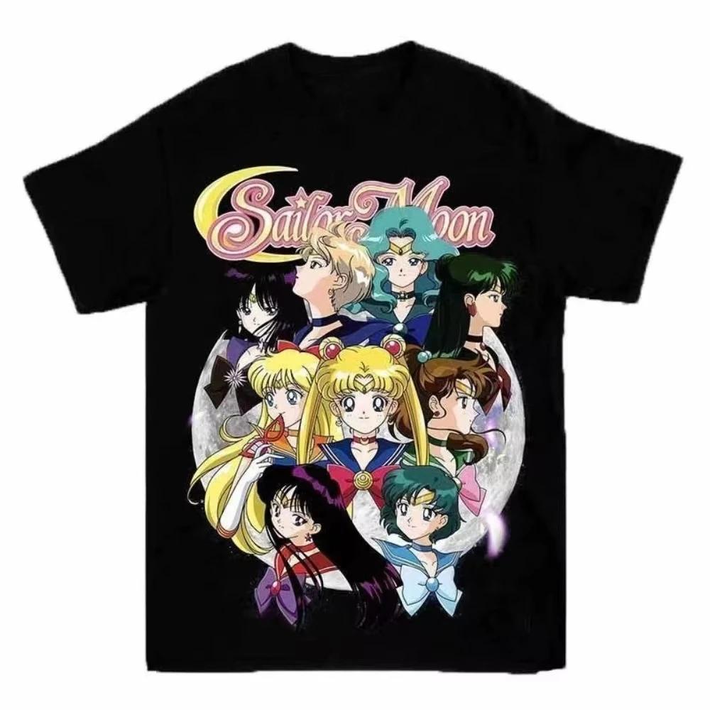 Sailor Moon Unisex Pure Cotton T-shirt 2026 Summer Hot Anime Print American Hip-hop Loose Casual Parent-child Short Sleeved Top