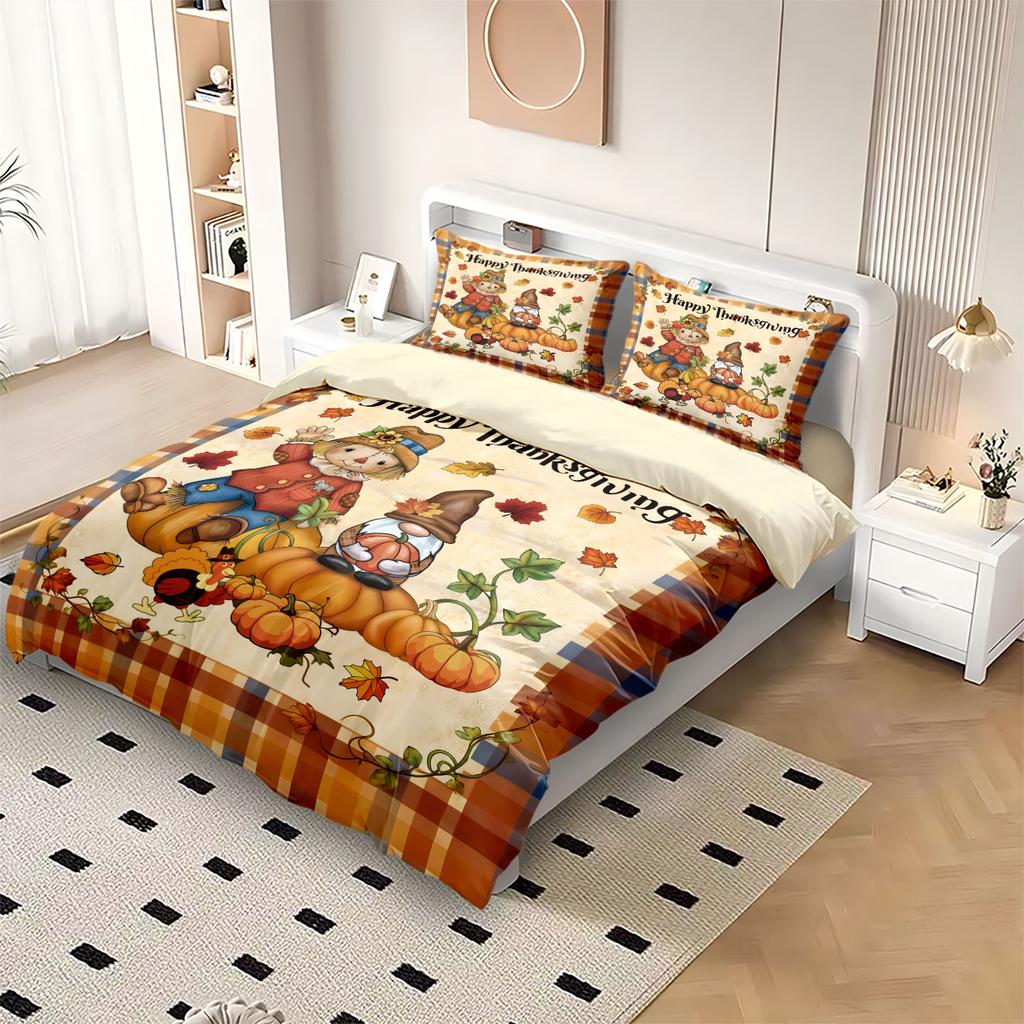 3pcs Thanksgiving Autumn Harvest Pumpkin Printed Coreless Bedding Set Multi Size Bedrooms Dormitory Comfortable Machine Washable